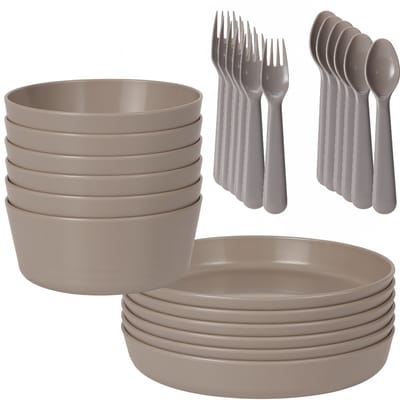 HEM 24-delig Serviesset 6 Persoons – Grijs Kunststof – Picknickset – BPA-vrij & Vaatwasserbestendig – 6x Bord, 6x Kom, 6x Vork, 6x Lepel – Lichtgewicht Plastic Servies – Met HEM Opbergzak