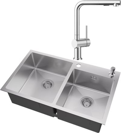 Auralum max Dubbele spoelbak voor keuken 75x45cm - Spoelbak Keuken Met Uittrekbare Uitloop Keukenkraan - Roestvrij staal- Wasbak met waterafvoersysteem - Met zeepdispenser 300ml