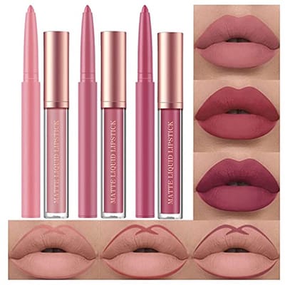 Matte vloeibare lippenstift en lipliner set - 6 stuks met fluweelzachte nude tinten