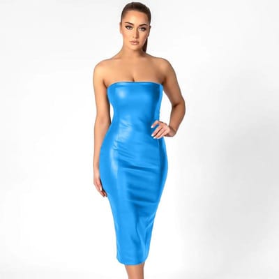 Sexy Midi-rok voor Dameskleding Effen Kleur Temperament Slank Strapless Achter PU Leer Rok XL blauw