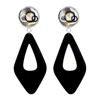 Clip oorbellen- zwart- Hout-zilverkleur - lang- geen gaatje-Charme Bijoux