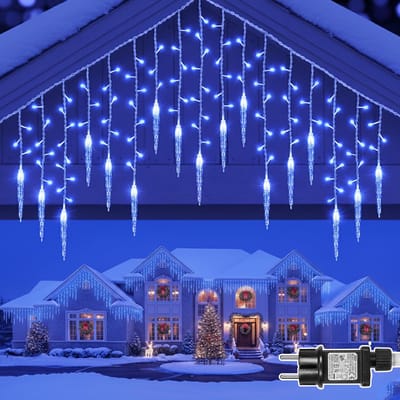 Rosnek 16 IJspegels Lichtgordijn Buiten - IP44 Laagspanning 96LEDs IJs Hanglamp - 8 Standen Lichtsnoer Camping, Timer, Koppelbaar Lichtsnoer Buiten en Binnen voor Slaapkamer, Camping - Blauw licht