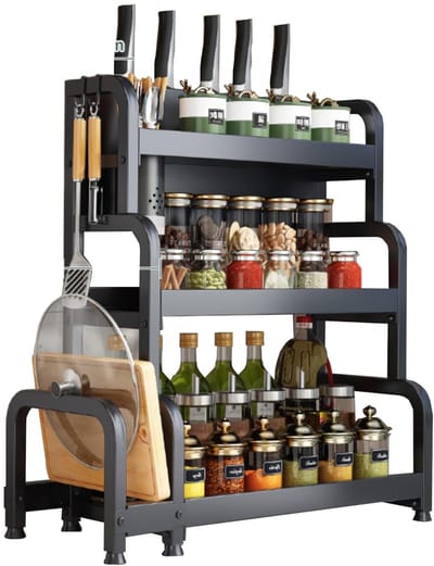 Dailygoods- Kruidenrek met 3 Niveaus - Kruidenrek voor Potten - Keukenrek - Opbergoplossing - Koolstofstaal - Praktisch en Stijlvol
