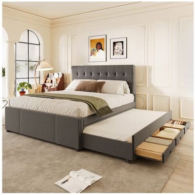 Merax Uitschuifbed met 3 lades - 140 x 200 cm + 90 x 190 cm - linnen stof - verstelbaar hoofdeinde - kleur grijs