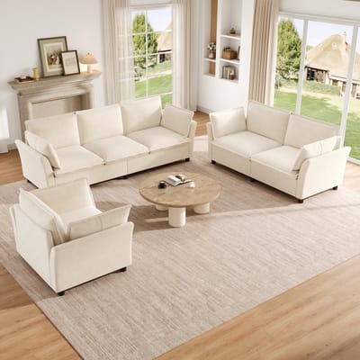 Modulaire Bankset, 3-2-1 Bankcombinatie, Vrij Combineerbaar, Woonkamerbank, Chenille Stof, 3-Zitsbank + 2-Zitsbank + Fauteuil, Inclusief Kussens, Zacht Gestoffeerd, Cloud Comfort, Modern Design-Beige