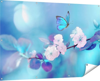 Gards Tuinposter Blauwe Vlinder bij een Roze Bloem - 150x100 cm - Tuindoek - Tuindecoratie - Wanddecoratie buiten - Tuinschilderij