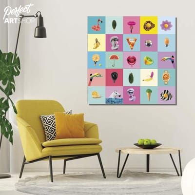 ABSURD ART: 100x100cm Plexiglas. Decoratie - Modern - Blauw - Surrealistisch - Grappig - Dieren - Voedsel
