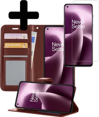 Hoesje - Met Screenprotector - Geschikt voor OnePlus Nord 2T - Luxe Pasjeshouder - Bookcase Portemonee - Flip Case - Kunstleer Book Case - Flipcase - Book Cover - Walletcase - Portemonneehoes - Telefoonhoesjes - Bruin