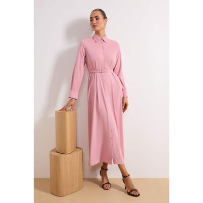 Roze platte maxi-jurk voor dames, lange casual/dagelijkse A-lijn jurk met hijab