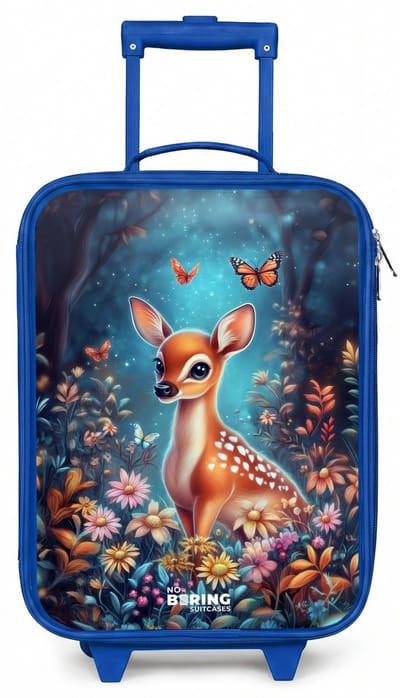 NoBoringSuitcases.com® - Kinderkoffer blauw - Kindertrolley jongen - Hertje tussen bloemen in betoverend bos - Koffer kind lichtgewicht - Reiskoffer trolley voor kinderen - Koffertje met lichtgevende wieltjes - Rolkoffer
