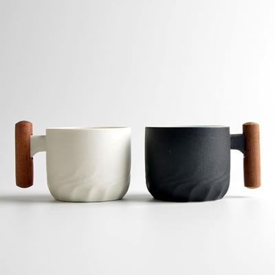 Espresso kopjes 70ml met houten handvat, keramische cappuccino en theekopjes voor koffie en thee (Zwart + Wit)