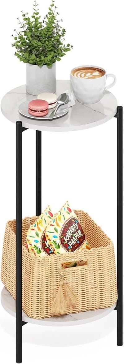 Moderne hoge ronde bijzettafel met metalen poten en marmerwit blad