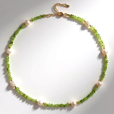 Cavill - Zilveren halsketting verguld - 39,88 ct peridoot & zoetwaterparels - Verstelbare stijlvolle groene edelsteen ketting voor dames