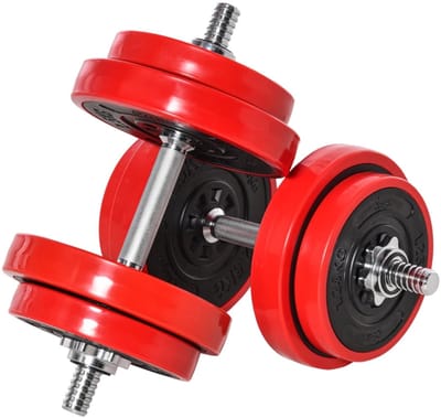 2-in-1 Halterset - Verstelbaar Halter & Halterstang - Dumbbell 20/30 KG - 4 x 2,5 kg, 4 x 1,25 kg Schijven - 2 Korte Stokken, 1 Lange Stok - Thuisgym Oplossing - Krachttraining - Rood/Zwart