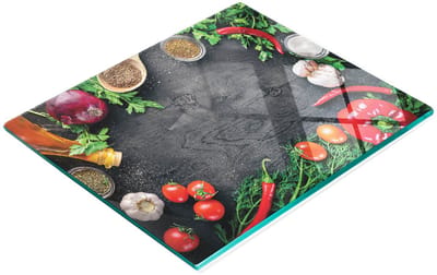 Decoratieve glazen snij- en serveerplank met houten groentemotief, 60x52 cm