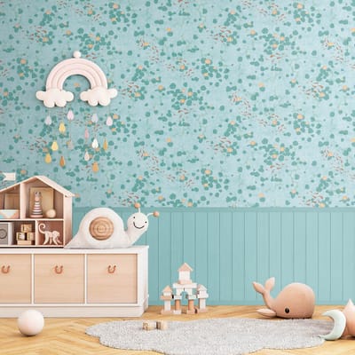 Fotobehang Profhome 770731-GU vliesbehang glad met kinder patroon mat blauw pastelturquoise groen bruinbeige 1,59 m x 2,8 m