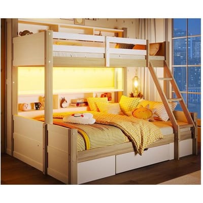 ModernLuxe Stapelbed 90x200cm + 140x200cm - met ladder en veiligheidshek - 1 lade - LED-verlichting - naturel (matras niet inbegrepen)