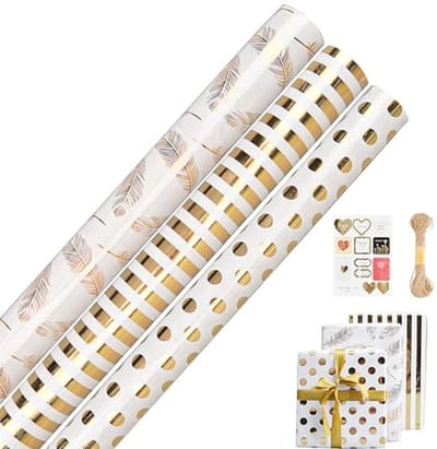 3 rollen cadeaupapier, verjaardagspapier voor geschenken met stickerlint, 43 cm x 3 m kraftpapier regenboogkleuren geschenkverpakking papier voor Valentijnsdag, bruiloft, Kerstmis (goud)