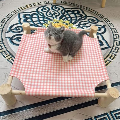 Verhoogd Huisdierbed voor Kattens en Kleine Honden - Houten Frame met Ademend Net - Draagbaar Opvouwbaar Huisdierhutje voor Binnen en Buiten - Roze Ruitstructuur