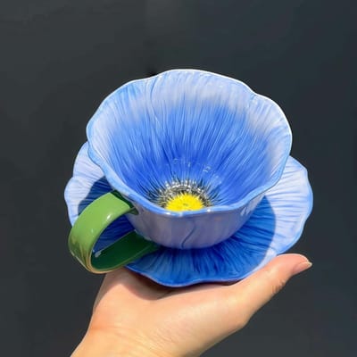 Vioolbloem koffiekop - kop-en-schotel set - bloemen koffiekop - keramische koffiekop - drinkbeker - theekopje - 300ml - Gebruik voor diverse gelegenheden - Blauw