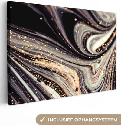 Canvas schilderij 150x100 cm - Wanddecoratie Marmerlook - Zwart - Goud - Wit - Glitter - Marmer - Muurdecoratie woonkamer - Slaapkamer decoratie - Kamer accessoires - Schilderijen op canvas