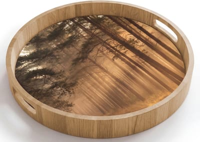 Dienblad rond 40x40 cm - Schootdienblad hout - Bos - Mist - Zonlicht - Borrelplank rechthoek - Plateau houten dienbladen