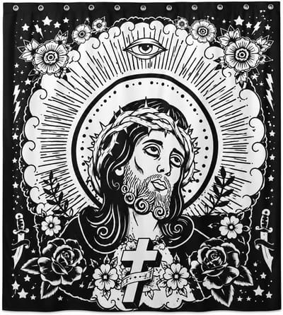 Douchegordijn met 12 roestvrijstalen ophangogen en cool motief, schimmelwerend, sneldrogend, wasbaar in de wasmachine, gemaakt van 100% polyester (Jesus Douchegordijn, 185 x 180 cm)