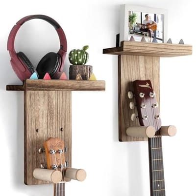 Gitaar Wandbevestiging met Plank - 2 Pack Multifunctionele Houten Houder voor Gitaren, Ukulele, Viool en Meer