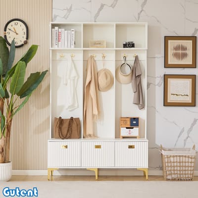 Gutent Garderobeset-Opbergbank-6 Gouden Haken-Wit-W120/D23.5/H191.5CM
