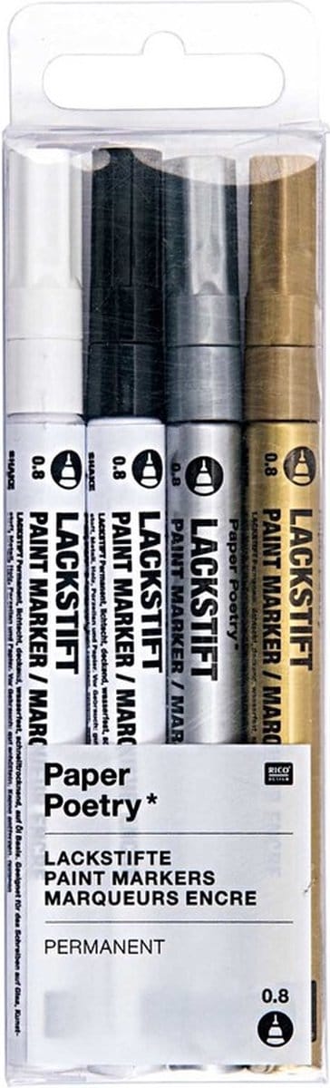 Luxe verf markeer en contour stiften - 4x stuks - zilver/goud/zwart/wit - punt 0.8 mm - Schrijven op glas/porselein/metaal/keramiek