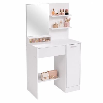 Make Up Tafel – Kaptafel met Spiegel en Gesloten Opbergkast – 80 x 40 x 132 cm – Spiegel 47,5 x 40 cm – Brede Lade, Kast met Deur & 3 Open Planken – Voor Slaapkamer, Dressing & Logeerkamer – Wit – Monza Home