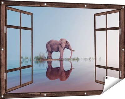 Gards Tuinposter Doorkijk Olifant bij het Water - 120x80 cm - Tuindoek - Tuindecoratie - Wanddecoratie buiten - Tuinschilderij