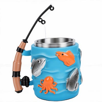 Tasse à café de pêche en acier inoxydable résine 3D gaufrée design canne à pêche moulinet amusant tasse à café pour Noël fête des pères cadeau L blue