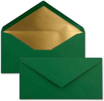 25 Donkergroene DIN Lang Enveloppen met Luxe Gouden Metallic Voering - Feestelijk Postformaat 110x220 mm