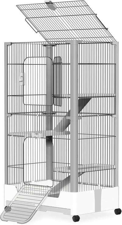 Aufun Konijnenhok Binnen, mobiele dierenkooi, draadkooi, konijnenhok met oprit, caviakooi, kooi voor kleine dieren, puppyverblijf, konijnenhok (2 verdiepingen)