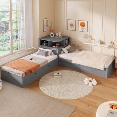 L-vormig bed 90x200 cm - platformbed met uitschuifbed - opbergruimte met schuifdeuren - geïntegreerde nachtverlichting - grijs MDF en grenenhout