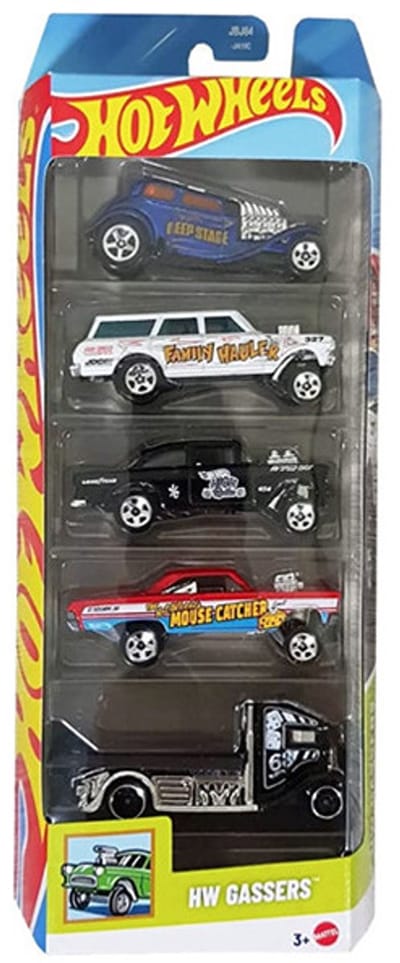 HOT WHEELS 5 IN BOX '55 CHEVY BEL AIR GASSER, '65 MERCURY COMET CYCLONE, '64 CHEVY NOVA GASSER, STRAIGHT PIPES TRUCK FAST-BED HAULER 1:64 5-PACK
