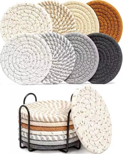 Joya Party® Set van 8 gewoven onderzetters met Metalen Houder | Onderzettersset | Onderzetters voor glazen | Absorberende Onderzetter