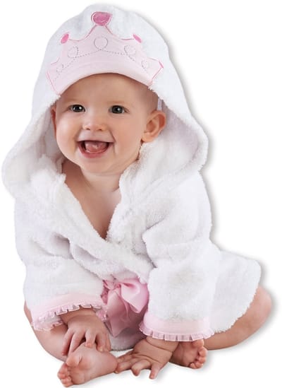 BoefieBoef Prinses Kinder Badjas Baby & Peuter 0-2 Jaar (0-85 cm) – Zacht Katoen Badstof met Dieren Capuchon – Absorberende Ochtendjas Handdoek voor Jongen & Meisje – Zwemles, Carnaval, Verjaardag & Kraamcadeau – Perfect na Bad & Zwemmen - Wit Roze