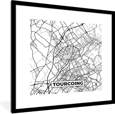Fotolijst incl. Poster Zwart Wit- Stadskaart - Tourcoing - Plattegrond - Kaart - Frankrijk - Zwart wit - 40x40 cm - Posterlijst
