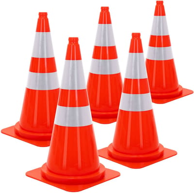 ECD Germany x5 Verkeerskegels 75 cm oranje, grote verkeerskegel stapelbaar met 2 reflecterende strepen, robuuste waarschuwingskegel serie, afzetkegel met vingergreep voor wegwerk, verkeerspylon voor parkeerplaats, pylonen voor veiligheid op de weg
