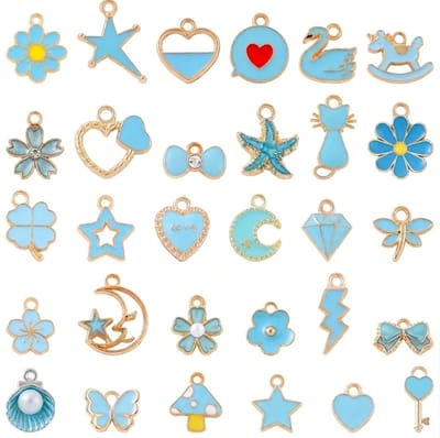 Blauwkleurige bedels hanger set dames heren geëmailleerde sieraden hangers mix met hart bloem vlinder maan ster kat strik en klavertje decoratieve hanger set voor oorbellen armband ketting maken 50 stuks