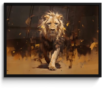 Poster in lijst - Fotolijst 70x50 cm - Posters - Leeuw - Geschilderd - Abstract - Goud - Posterlijst zwart - Decoratie - Wanddecoratie woonkamer - Muurdecoratie slaapkamer