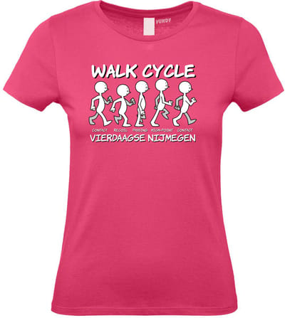 Dames t-shirt Walk Cycle | Vierdaagse shirt | Wandelvierdaagse Nijmegen | Roze woensdag | Roze | maat XS