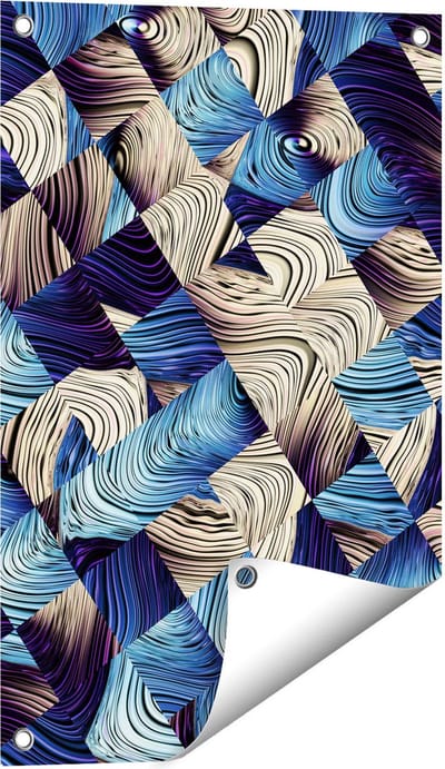 Gards Tuinposter Abstracte Kunst met Blauwe en Gouden Ruiten - 40x60 cm - Tuindoek - Tuindecoratie - Wanddecoratie buiten - Tuinschilderij