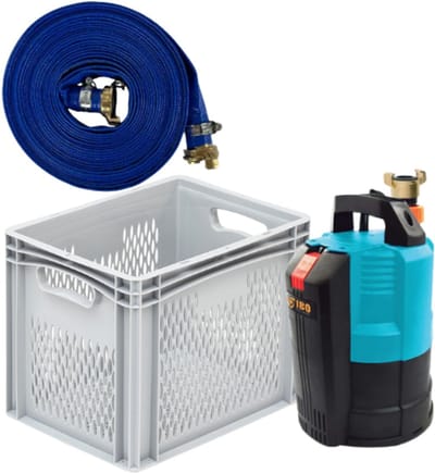 Deltaline - Plug&Play set - vlakzuigende dompelpomp tot 1mm - slang 25mm (lengte 7.50 mtr) met Geka-koppeling incl. krat - wateroverlast - vlakzuigpomp - dweilpomp - Deltaline vlakzuiger - hoogwater set