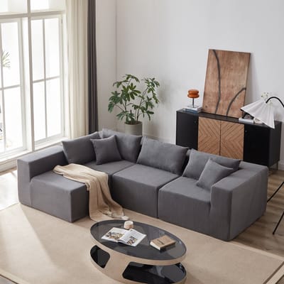 MODFU Modulaire Hoekbank - L-Vormig En Vrij Te Indelen - Minimalistisch - Voor Woonkamer - Ribstof En Schuim - Grijs