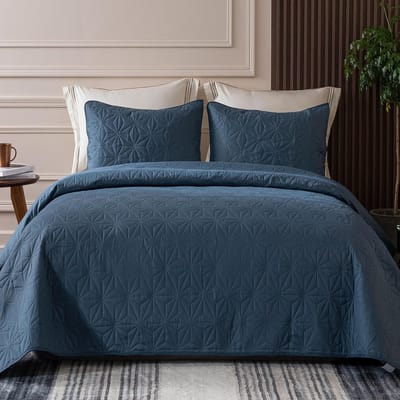 Famanu - Sprei 240x260 cm marineblauw, microvezel bedsprei met geometrisch patroon