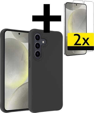 Hoesje - Met 2x Screenprotector - Geschikt voor Samsung Galaxy S24 - Sterk & Shockproof - Back Cover - Siliconen Case - Telefoon Hoes - Telefoonhoesjes - Zwart