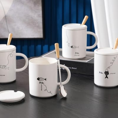 Cartoon Kleine Vis Schattige Keramische Beker met Deksel Lepel Hoge Waarde Grote Capaciteit Mok Huishoudelijke Set Waterbeker Klein Cadeau 450ML gray